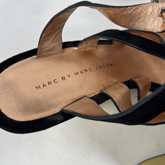 MARC BY MARC JACOB Sandals 40 Suede 5" Block Heels Platform Black Gold - Picture 9 of 16